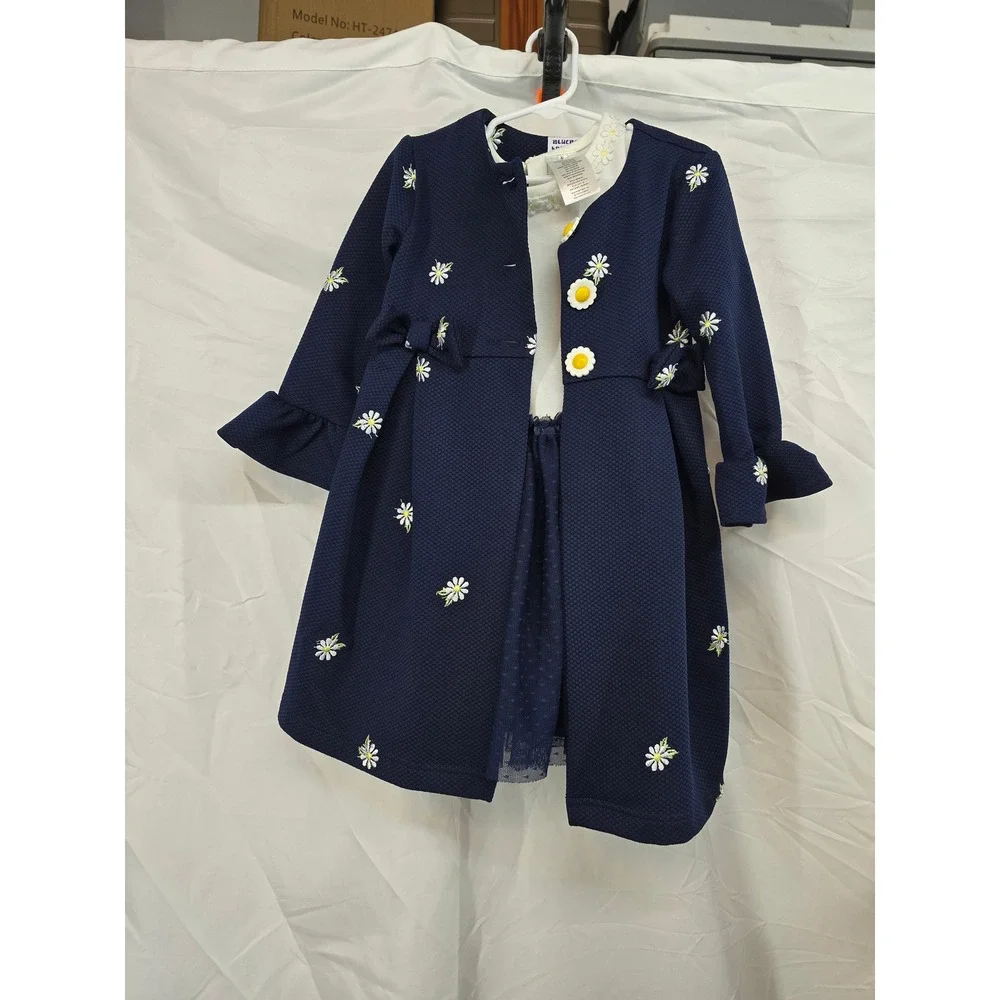 Blueberri Boulevard Girls Navy White Daisy Dress and Coat Set Size 4‎ BB5GH00